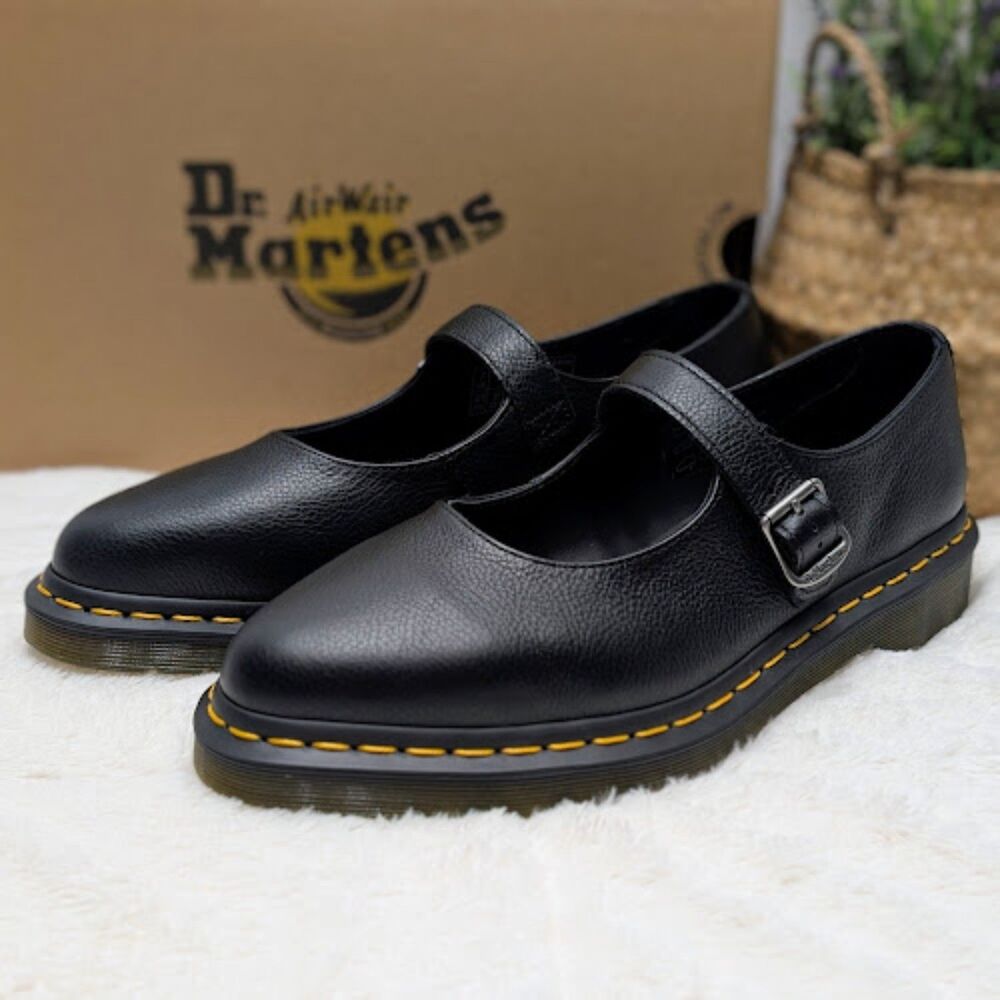 Dr. Martens Elphie MJ Black Virginia Leather Mary Jane Shoes UK 7 Women's 9 NIB